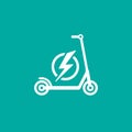 Kick scooter or balance bike with lightning bolt icon. Flat push scooter isolated on blue