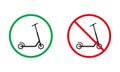 Kick Scooter Warning Sign Set. Push Scooter Allowed and Prohibit Silhouette Icons. Electric Scooter Red and Green Circle