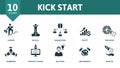 Kick Start icon set. Contains editable icons startup theme such as career, brainstorm, precision and more. Royalty Free Stock Photo