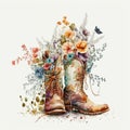 Kick Up Your Heels: Watercolor Illustration of Boots Among Spring Flowers AI Generated