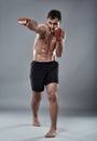 Kickbox fighter on gray background Royalty Free Stock Photo