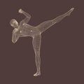 Kickbox Fighter Preparing to Execute a High Kick. Fitness, Sport, Training and Martial Arts Concept. 3D Model of Man.