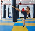 Kickbox fighter training with the punch bag Royalty Free Stock Photo