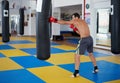 Kickbox fighter training with the punch bag Royalty Free Stock Photo