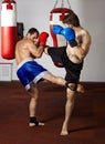 Kickbox fighters sparring in the gym Royalty Free Stock Photo