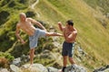 Kickbox fighters sparring in the mountains