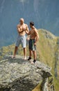 Kickboxers or muay thai fighters training on a mountain cliff Royalty Free Stock Photo