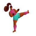 Kickboxing woman doing side kick. Cute Girl Boxer Character Wearing Sports Uniform. Female character learns to kick in the gym.