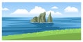 Kicker Rock, Leon Dormido. Beautiful panoramic seascape with green coastline, big fluffy clouds. Ocean scenic view. Hand