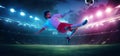 Football or soccer player on full stadium and flashlights background