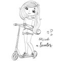 Hand drawn cute girl with pink kick scooter.