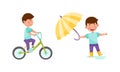 Kid daily activities set. Cute boy riding bike and walking with umbrella cartoon vector illustration Royalty Free Stock Photo