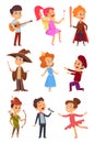 Kid actors. Theater performance of funny childrens boys and girls in costume standing at school stage vector characters