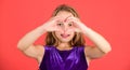 Kid adorable girl with long hair smiling face show heart gesture to you. Celebrate valentines day. Love and sympathy Royalty Free Stock Photo