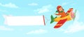 Kid on airplane with banner. Child pilot flying in plane among clouds in sky. Little boy having flight Royalty Free Stock Photo