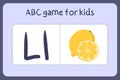 Kid alphabet mini games in cartoon style with letter L - lemon.