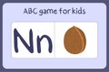 Kid alphabet mini games in cartoon style with letter N - nut.