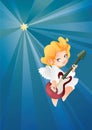 Kid angel musician guitarist flying on a night sky making music on guitar Royalty Free Stock Photo