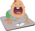 The kid is angry, screams and cries, does not want to be weighed on the scales.