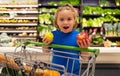 Kid with apple and shopping cart at grocery store. Healthy food for kids. Portrait of smiling little child with shopping Royalty Free Stock Photo