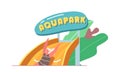 Kid Aquapark Entertainment, Amusement Aqua Park with Water Attractions, Girl Riding Slide in Swimming Pool