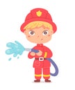 Kid as fireman. Cute little boy with professional occupation vector illustration. Happy child as firefighter in red Royalty Free Stock Photo