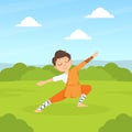 Kid Asian Martial Art Fighter, Cute Boy Athlete Practicing Wushu Technique Outdoors Cartoon Vector Illustration