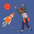 Kid astronaut in cardboard rocket outfit dreams about space. Boy in self made costume flying in sky Royalty Free Stock Photo