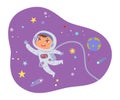 Kid astronaut flying in space among planets, stars and asteroids of galaxy universe