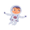 Kid astronaut flying in zero gravity vector illustration. Cartoon cute child spaceman character in weightlessness