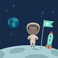 Kid astronaut standing on the moon. Space background illustration Royalty Free Stock Photo