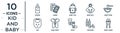 kid.and.baby linear icon set. includes thin line feeder, baby cup, baby food, baby body, crayons, chair, bib icons for report,