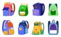 Kid backpack set, cartoon side or front view of child student schoolbag collection