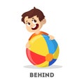 Kid and ball. Learning preposition concept. Boy behind