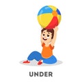 Kid and ball. Learning preposition concept. The boy