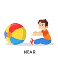 Kid and ball. Learning preposition concept. The boy