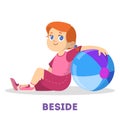 Kid and ball. Learning preposition concept. Girl beside the ball