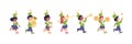 Kid band parade. Children musicians marching with trombone trumpet loud horn or drum, young military march cute cartoon