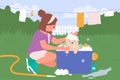 Kid bathing dirty dog, child cleaning wet domestic animal with bubbles of shampoo