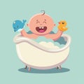 Kid in bathtub with soap bubbles, foam, rubber duck and unicorn whale vector cartoon illustration