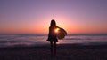 Kid on Beach Seashore at Sunset, Child Playing on Coastline, Teenager Girl Watching Sea Waves at Seaside, Exotic Ocean Seascape Royalty Free Stock Photo