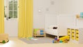 Kid bedroom interior design with bed, bookshelf, playthings, cabinets and carpet, 3D rendering Royalty Free Stock Photo