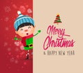 Kid with big signboard. Merry Christmas calligraphy lettering design. Creative typography for holiday greeting Royalty Free Stock Photo