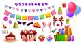 Kid birthday party design elements set on white Royalty Free Stock Photo