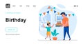 Kid birthday party web concept. Father holding birthday cake, celebrating holiday with son at home. Template of people scene. Royalty Free Stock Photo