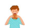 Kid biting burger fast food vector illustration. Colorful cartoon style concept