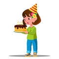 Kid Blowing Out Candles On Holiday Cake Vector. Isolated Illustration Royalty Free Stock Photo