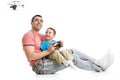 Kid boy and dad playing with RC helicopter toy Royalty Free Stock Photo
