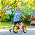 Kid boy driving tricycle or bicycle in garden Royalty Free Stock Photo