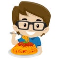 Kid Boy Eating Spaghetti